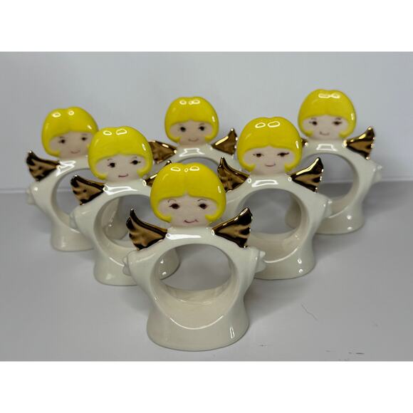 1970s Standing Ceramic Angel Napkin Rings Set of 6 - Picture 3 of 9